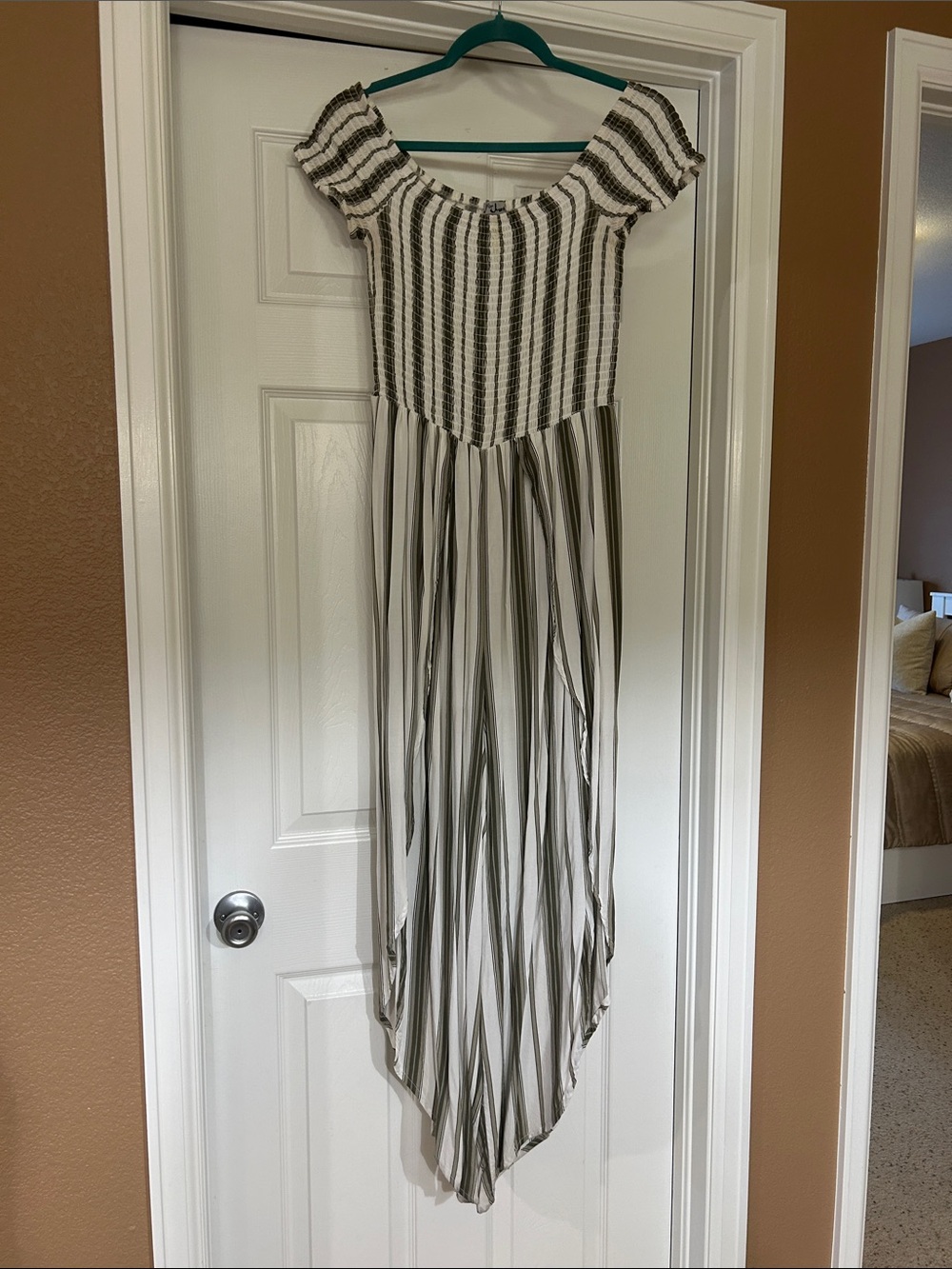 J for Justify Striped Off-Shoulder Jumpsuit in White and Olive
